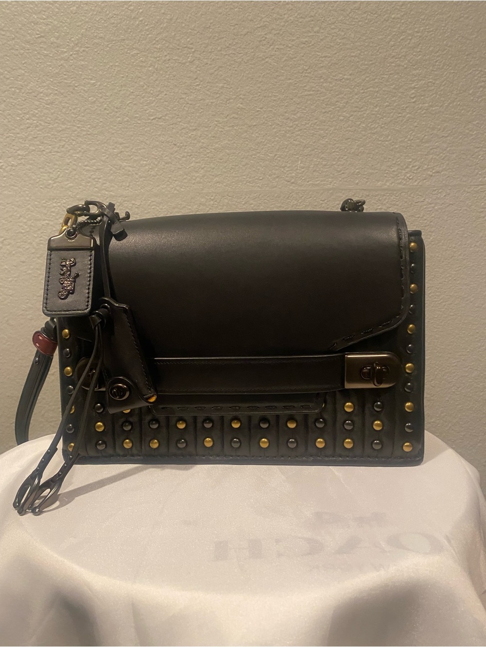 Coach Black Leather Studded Shoulder Bag with Gold Accents